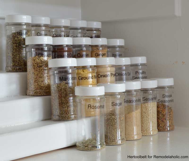 This is such an straightforward project to organize spice bottles. Build a direct tiered spice rack from a 2x4 wood board with free plans on Bekob.