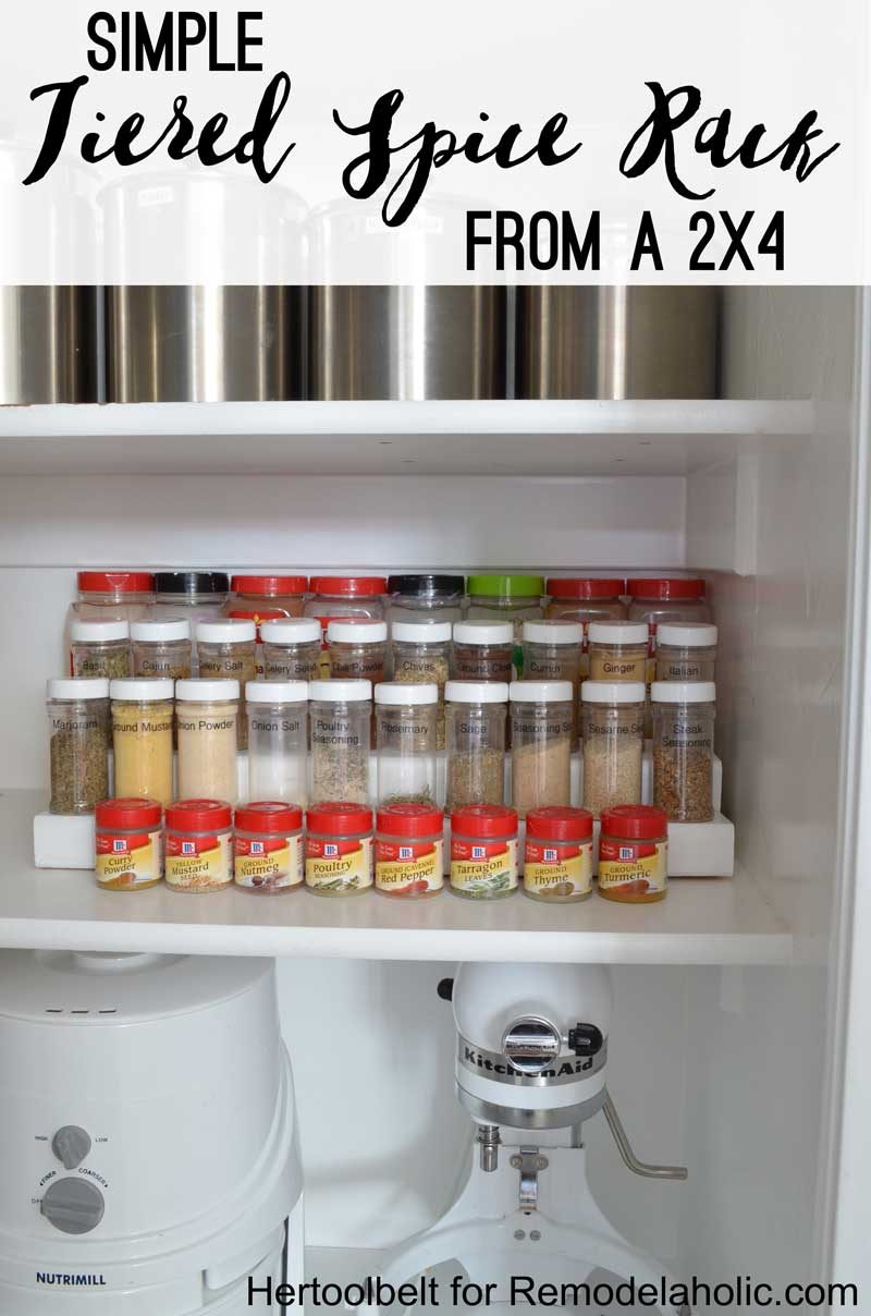 This is such an straightforward project to organize spice bottles. Build a direct tiered spice rack from a 2x4 wood board with free plans on Bekob.