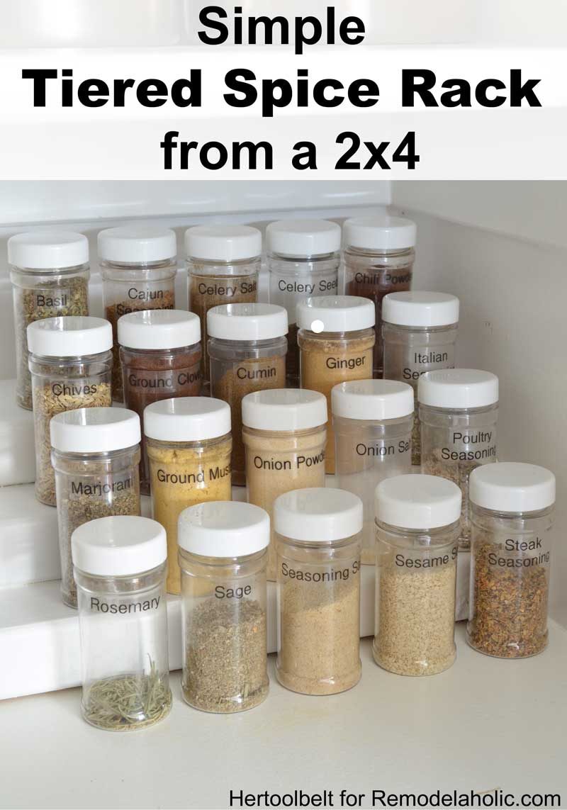 This is such an straightforward project to organize spice bottles. Build a direct tiered spice rack from a 2x4 wood board with free plans on Bekob.