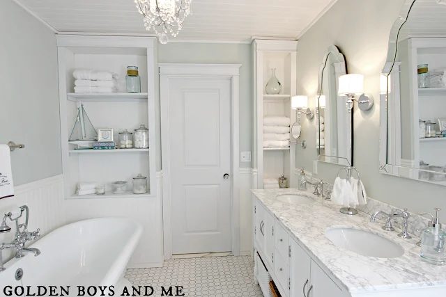 elegant master bath remodel with built-in shelving, featured on Bekob.com
