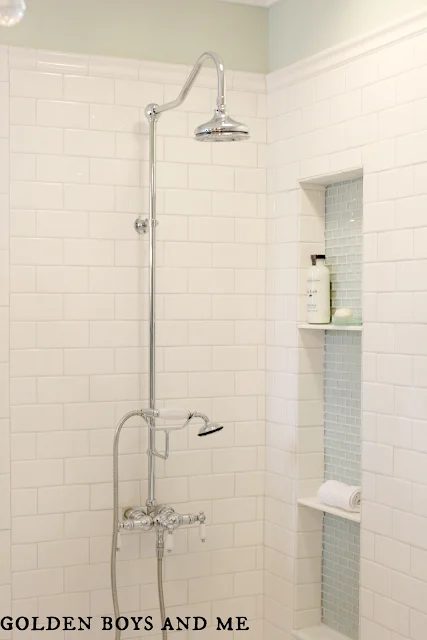 built-in shower niche in elegant master bath remodel, featured on Bekob.com