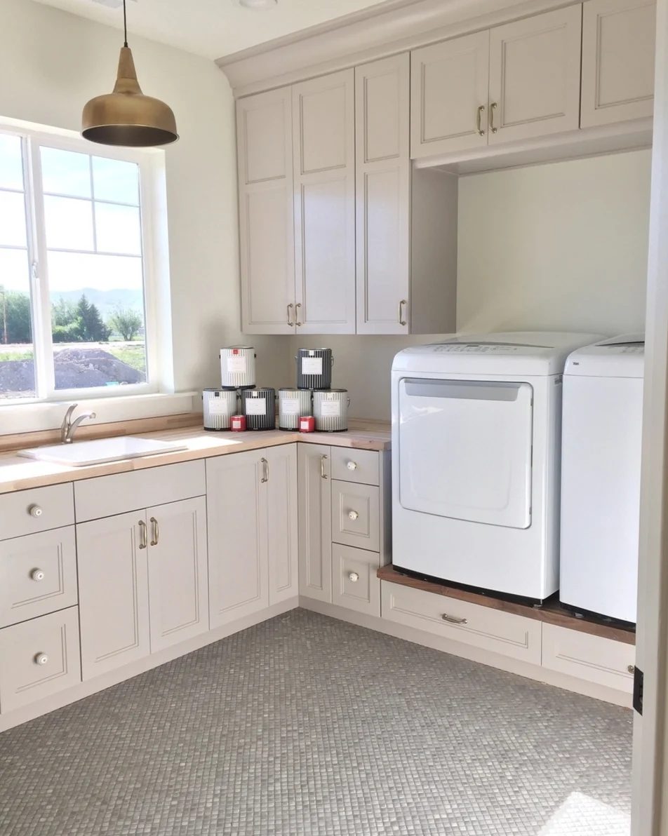 Laundry Room With Raised Washer And Dryer And Built In Cabinets
