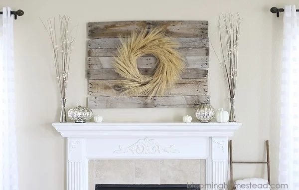 Fall Mantel With vivid Barn Wood And Wheat Grass Wreath Behind