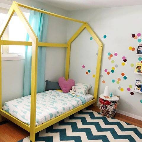 Yellow House Shaped Bed With Colorful Polka Dots Accent Wall And Chevron Rug, Colorful And striking Kids Room