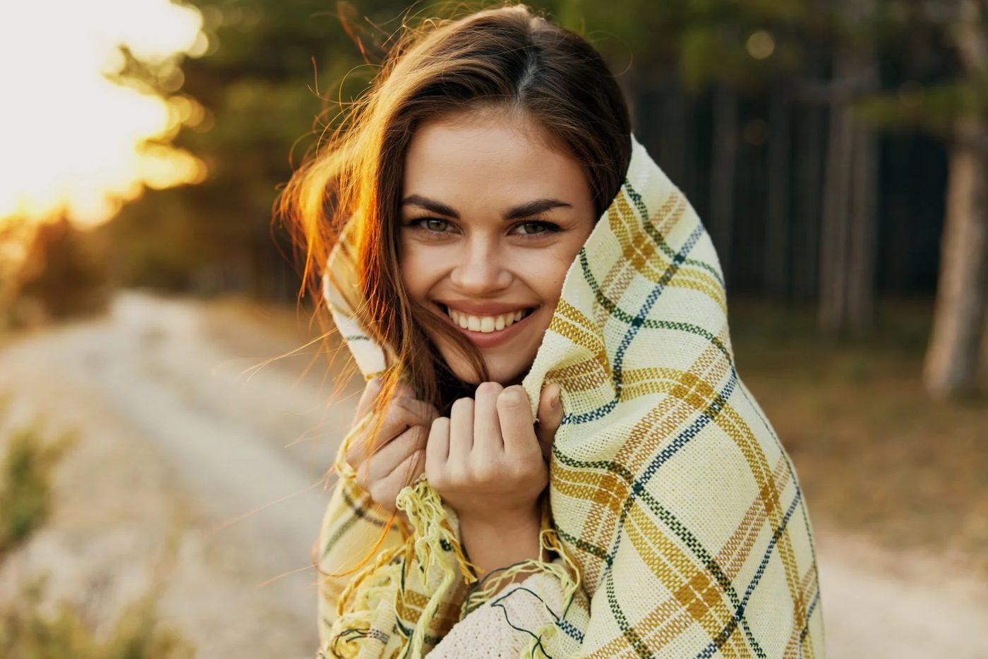 Smiling Woman With Plaid Shawl