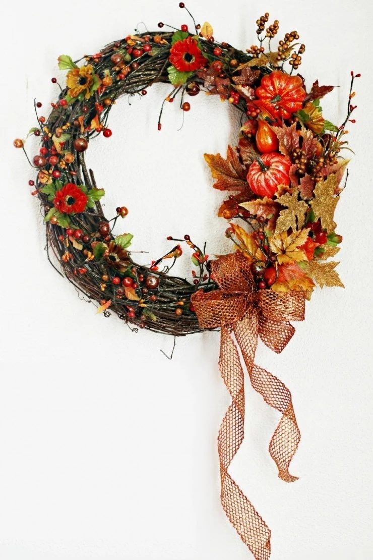Twig Circle Wreath With Pumpkins, Fall Leaves, Flowers And Orange Bow And Berries All Gold And Orange Accents