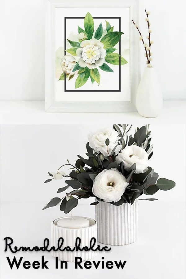 Flower Vase Collage Top Pic White Smooth Vase With Cotton Branches Next To A White And Green Floral Pic. Bottom Vase Textured Horizontal Lines, White With Green Leaves And White Fl