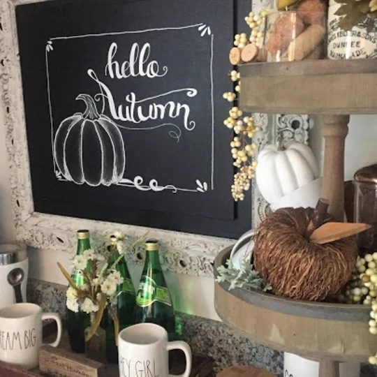 Drink Station With Chalkboard Hellow Autumn Art And Pumpkins In Tier Tray