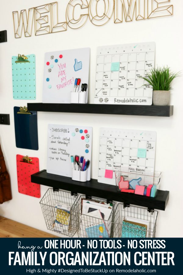 Family organization station featuring High & Mighty #DesignedToBeStuckUp straightforward to hang floating wall shelves, hooks, and wall hangers #Bekob