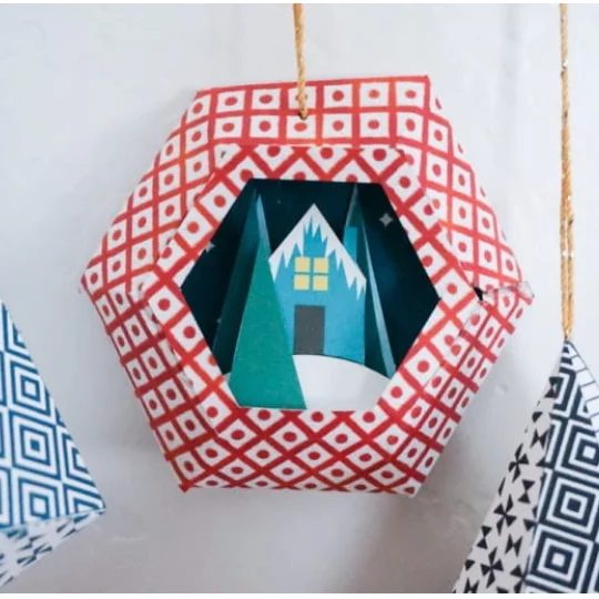 3D Oragami Christmas Ornament, Red Globe With House And Tree Inside