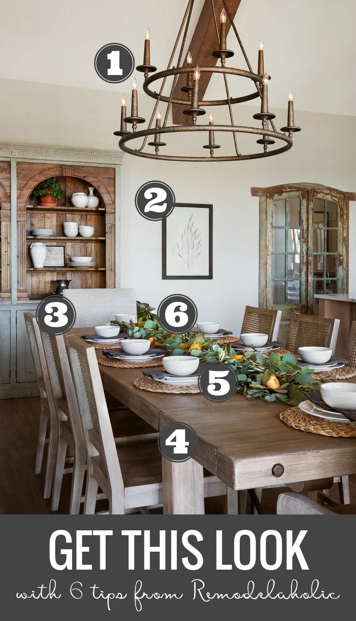 Tips and sources for decorating and designing a farmhouse dining room | Get This Look: A Farmhouse Dining Room a la Fixer Upper "A Lot of Options" House #Bekob #fixerupper #farmho