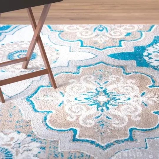 Tan, White And Brown Rug With Blue Accent Lines
