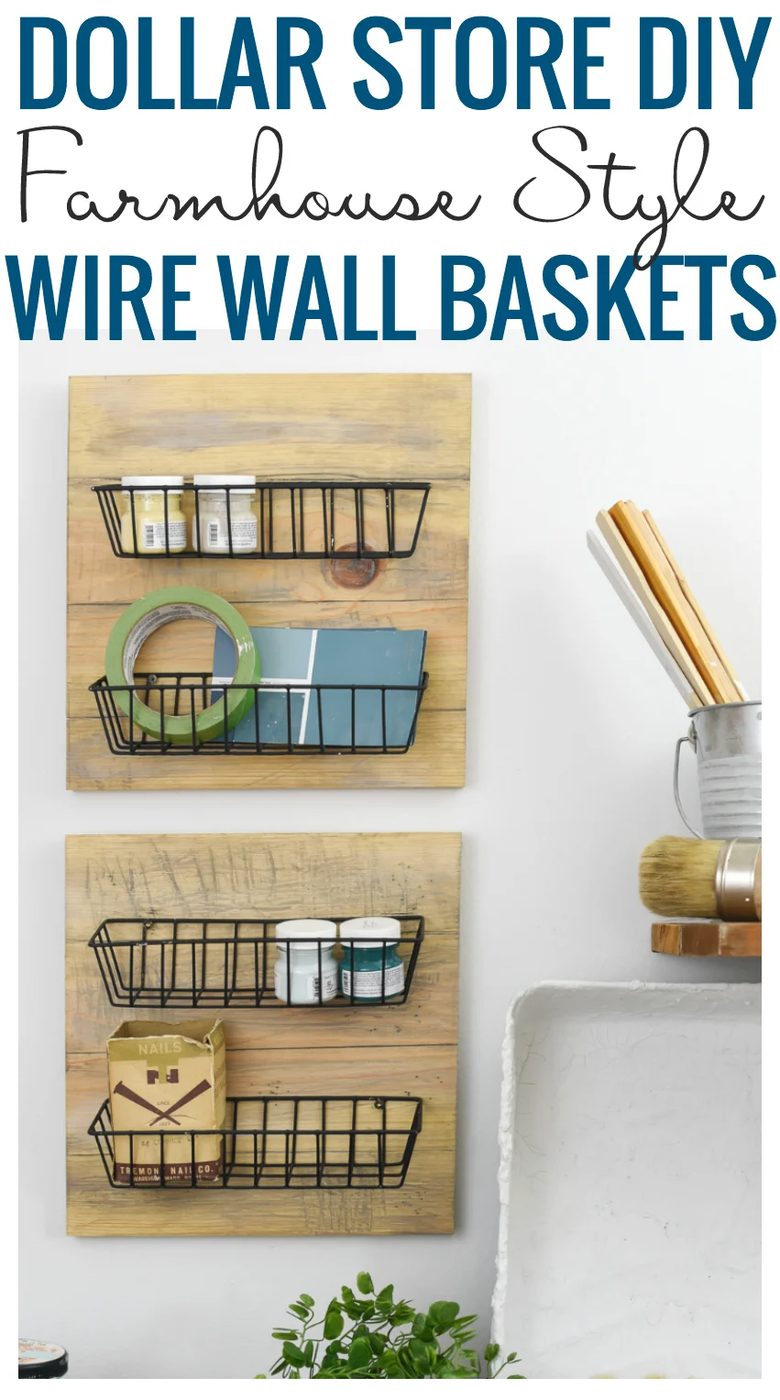 Make your own farmhouse style wall baskets using low-cost dollar store materials | wall storage options | farmhouse storage | rustic organization