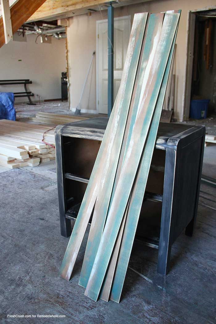 how to stain and paint faux barn boards for furniture and decor, just stain, paint, and sand for a well fitted beachy weathered chippy paint finish