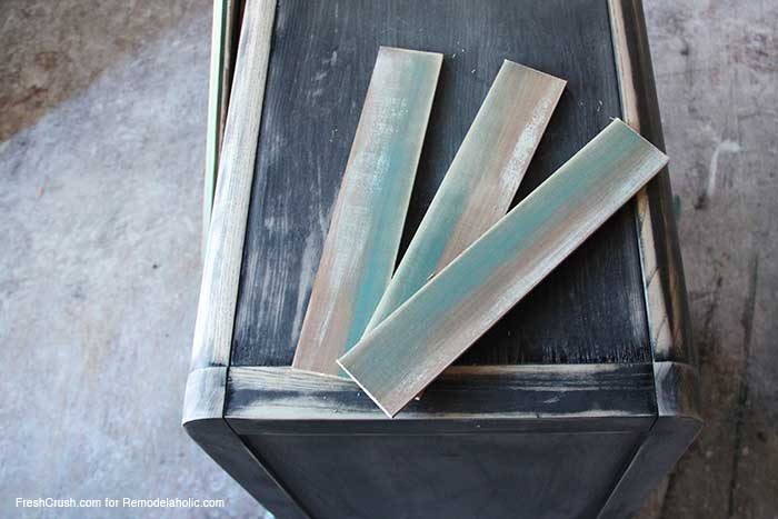 use faux stained and painted barn boards to update a boring piece of furniture // Nightstand Makeover by FreshCrush for @Bekob