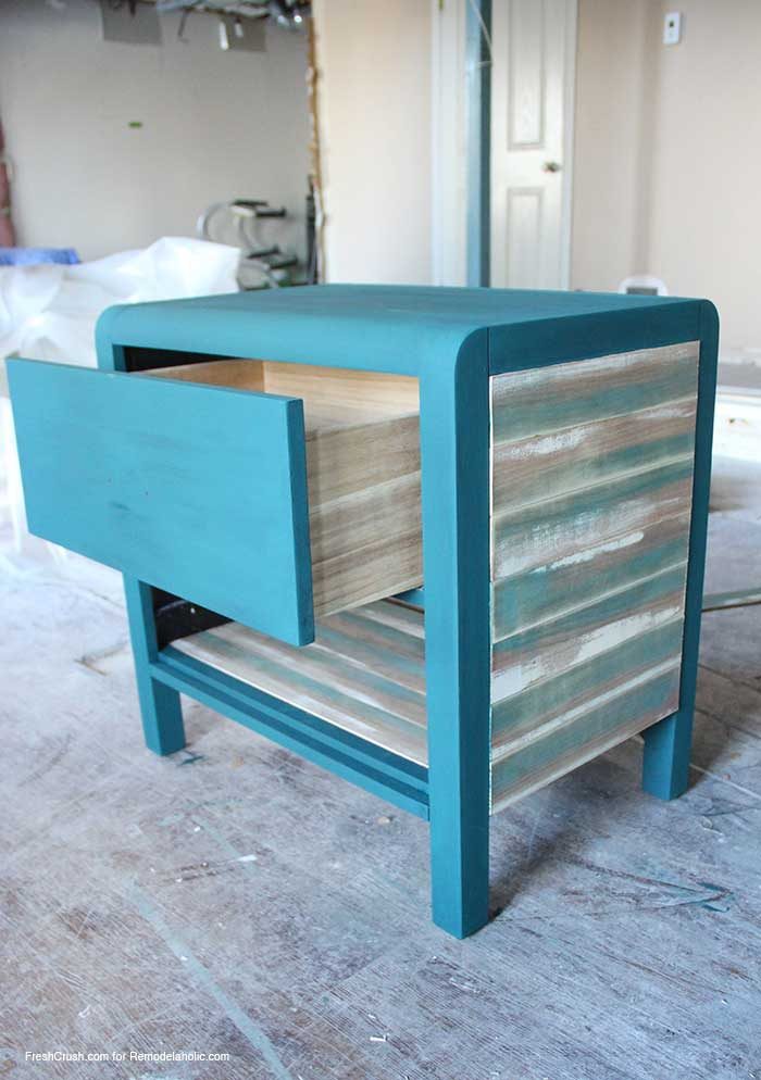 use faux stained and painted barn boards to update a boring piece of furniture // Nightstand Makeover by FreshCrush for @Bekob