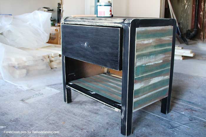 Add a lower shelf and use faux stained and painted barn boards to update a boring piece of furniture // Nightstand Makeover by FreshCrush for @Bekob