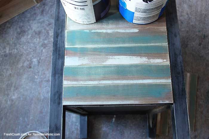 use faux stained and painted barn boards to update a boring piece of furniture // Nightstand Makeover by FreshCrush for @Bekob