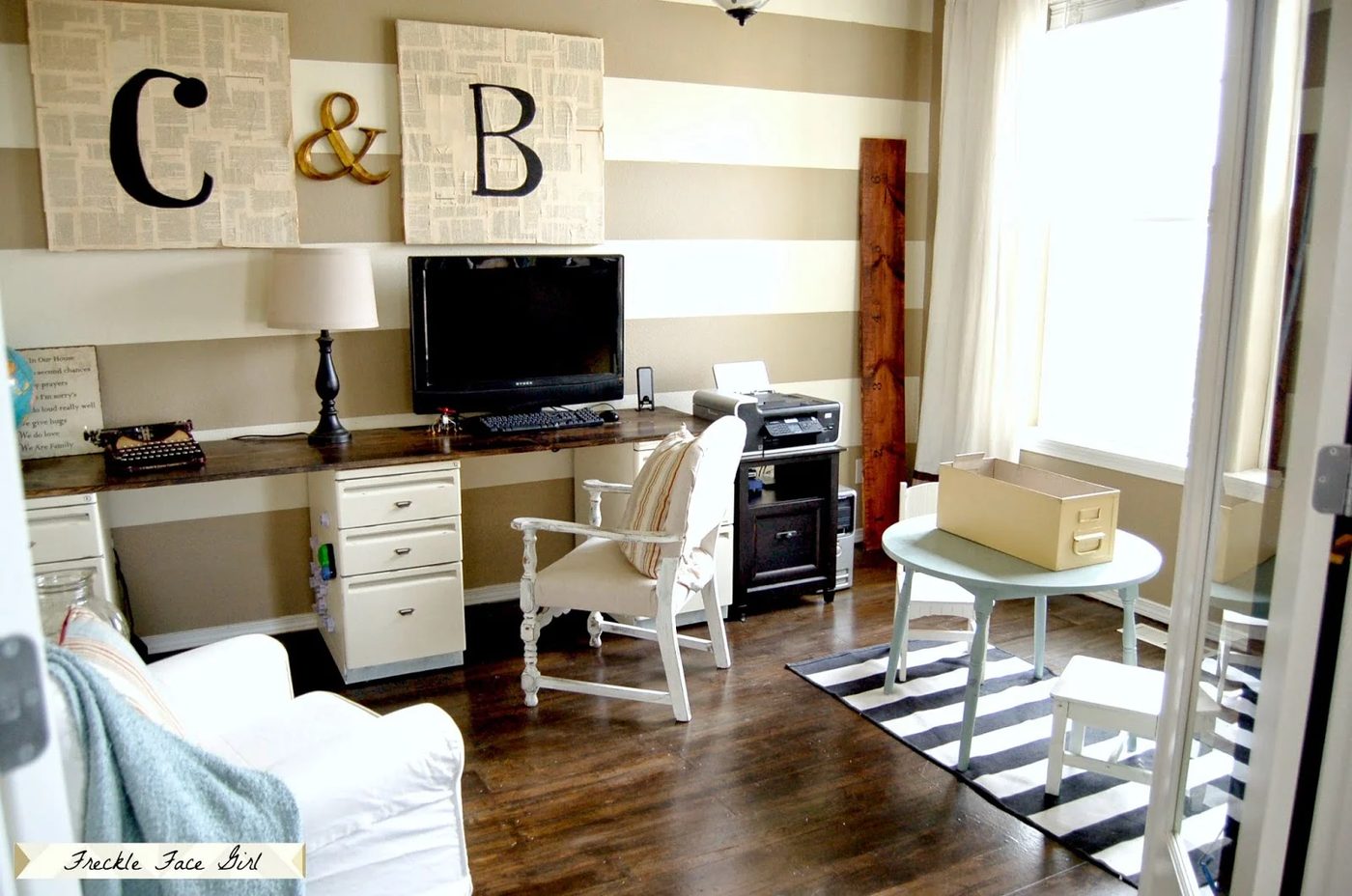 office with decoupaged brown paper faux wood plank floor, Freckle Face Girl for Bekob