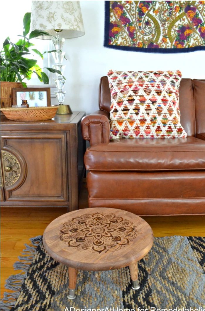 Handmade Stool with Wood Burned Design
