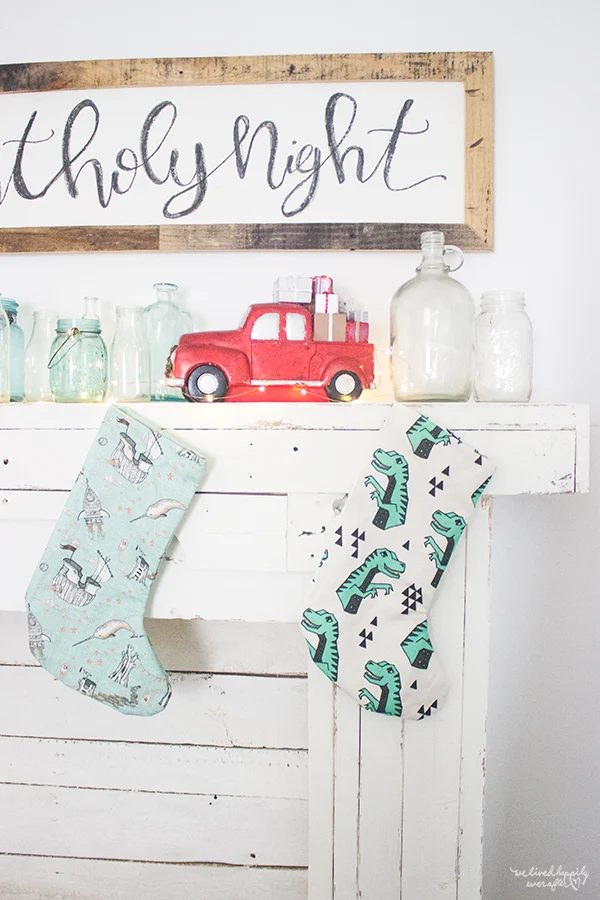 16 Handmade Stockings On Rustic Mantel Made Of Reclaimed Wood, A Christmas Home Tour By We Lived Happily Ever After Featured On @Bekob