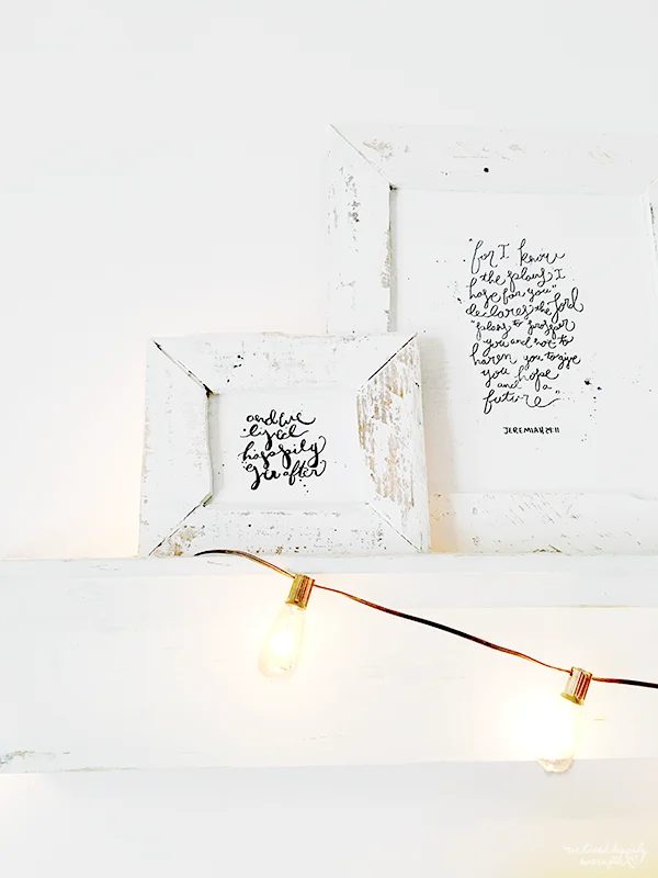 31 Edison Bulbs And Handmade Lettered Signs On Floating Mantel, A Christmas Home Tour By We Lived Happily Ever After Featured On @Bekob