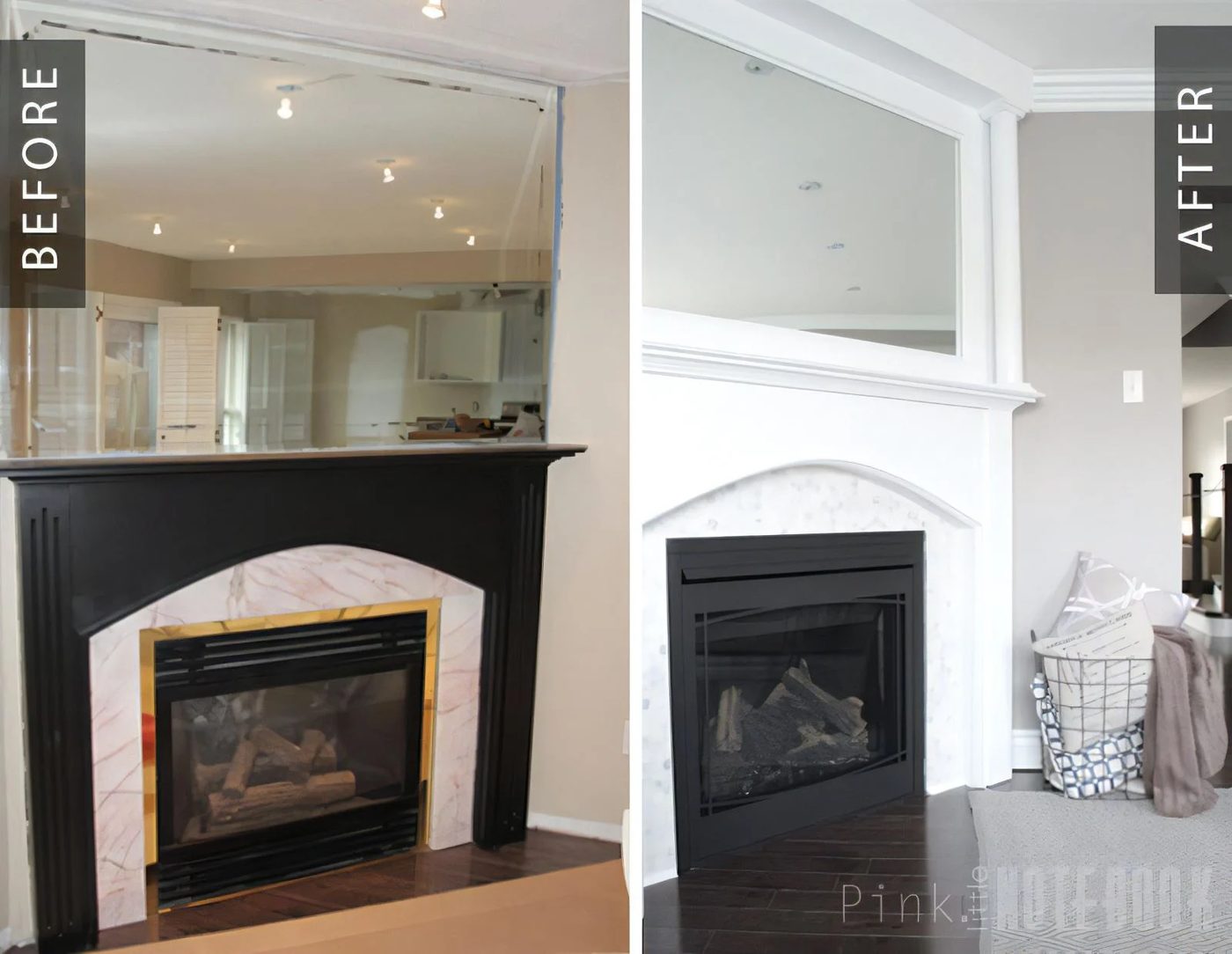 2 Before And After Mantel Makeover Using Mirror Above Fireplace Pink Little Notebook Featured On @Bekob 041958