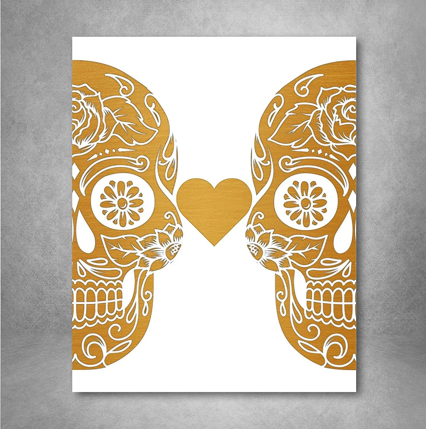 Non Traditional Valentine's Day Art Print, Gold Foil Sugar Skulls