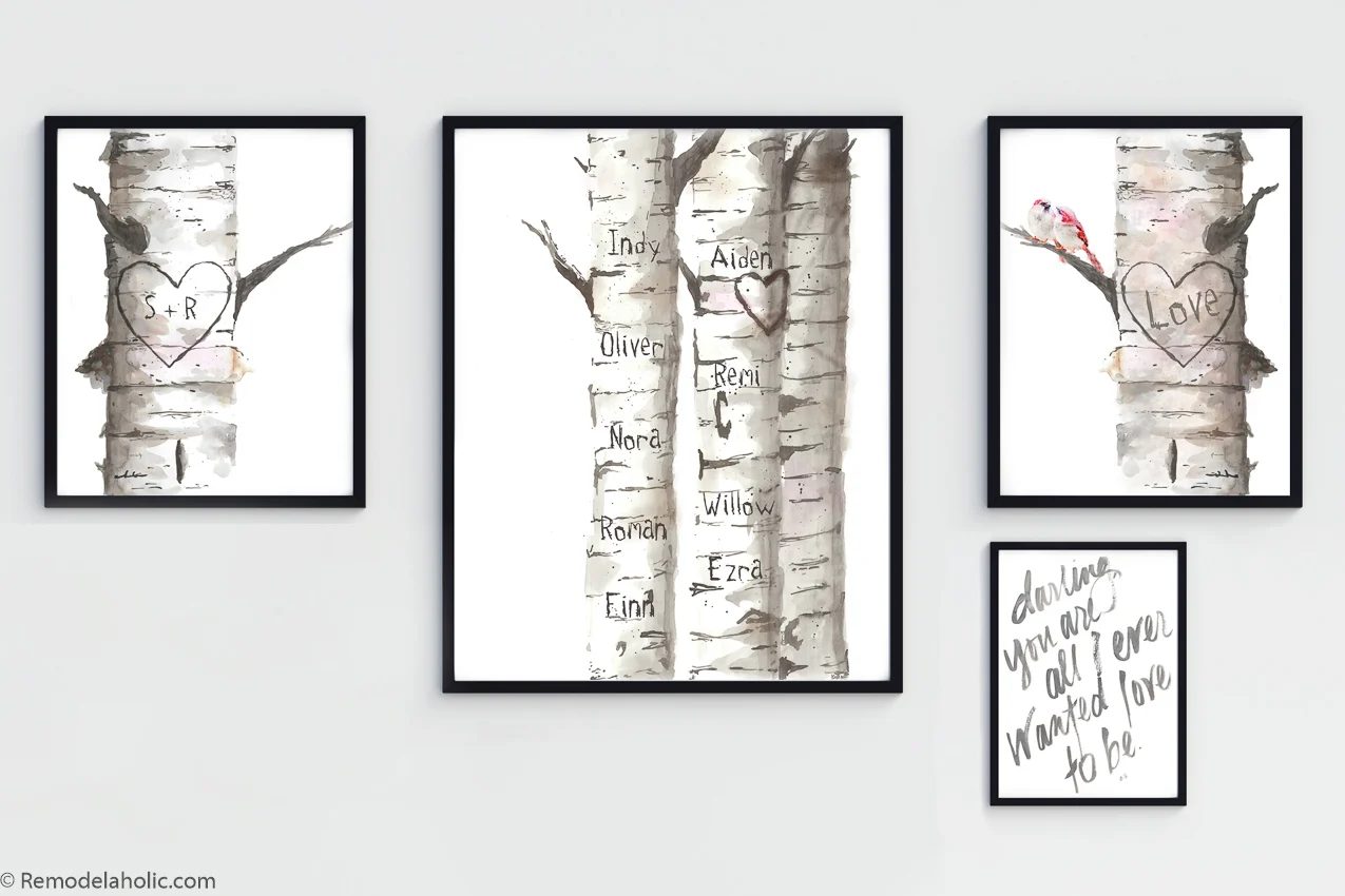 Printable Customizable Watercolor Birch Tree Bundle With Love Birds And Family Names #Bekob