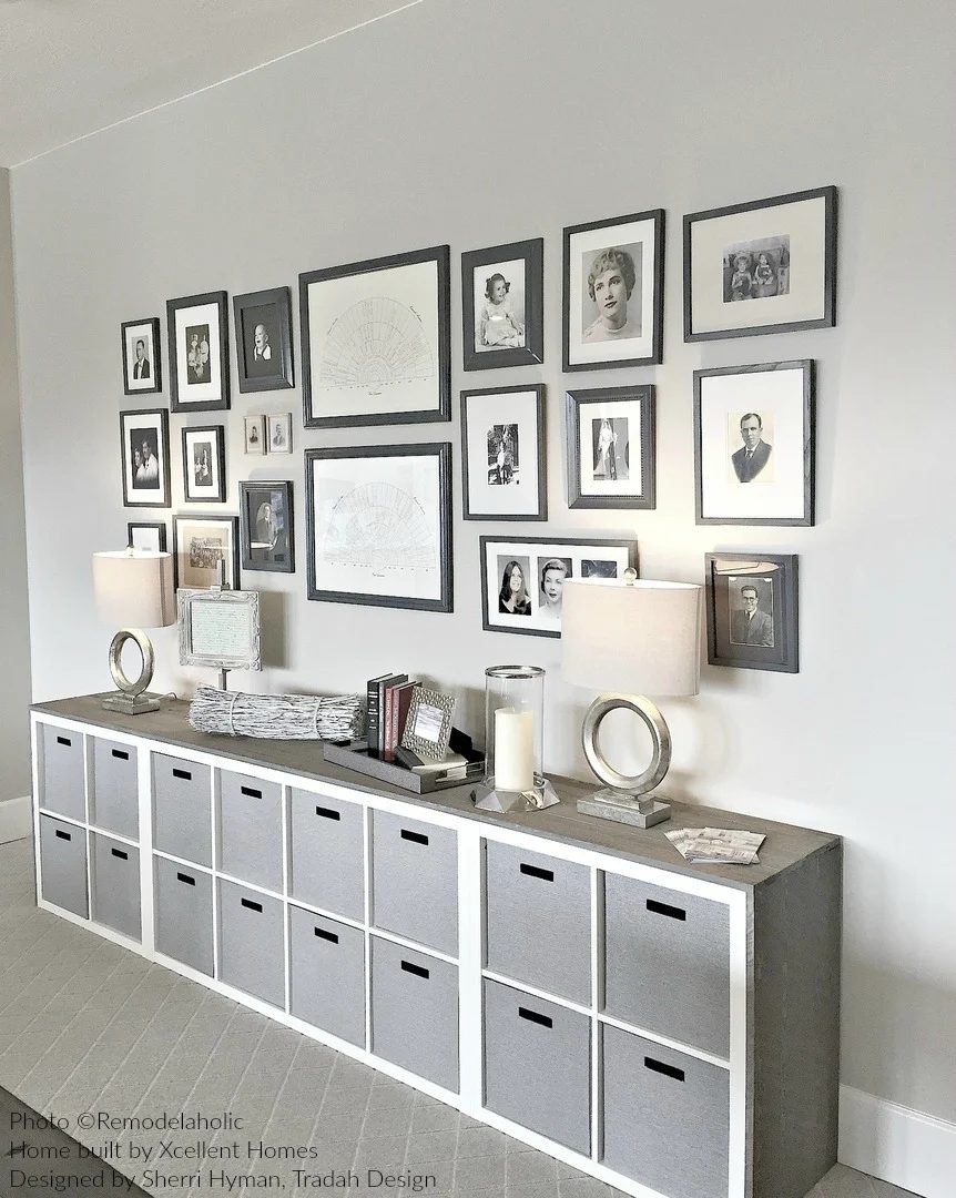 Black And White Photo And Family Genealogy Chart Gallery Wall With IKEA method Wood Wrapped Cubbies Homeshow Via #Bekob
