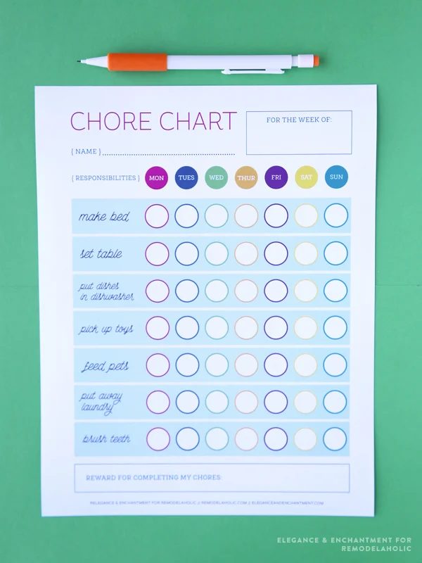 Kick off the new year with new responsibilities! Download this free printable chart for your kids to keep track of their chores and to work toward their goals. Design by Elegance a