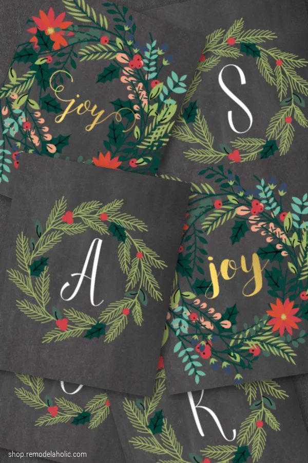 Christmas Printable Wreath Letter Printable Monogram Plus Joy Wreath Bundle, Bekob