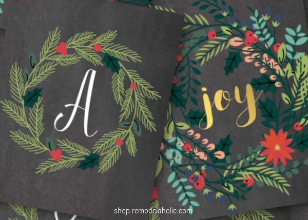 Christmas Monogram Printable Letter Wreath And Holiday Joy Wreath Art Prints Bekob