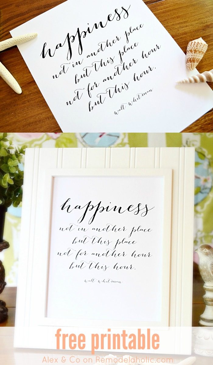 Let the wisdom of Walt Whitman adorn your walls with this happiness quote: "Happiness, not for another place but for this place; not for another hour but for this hour."