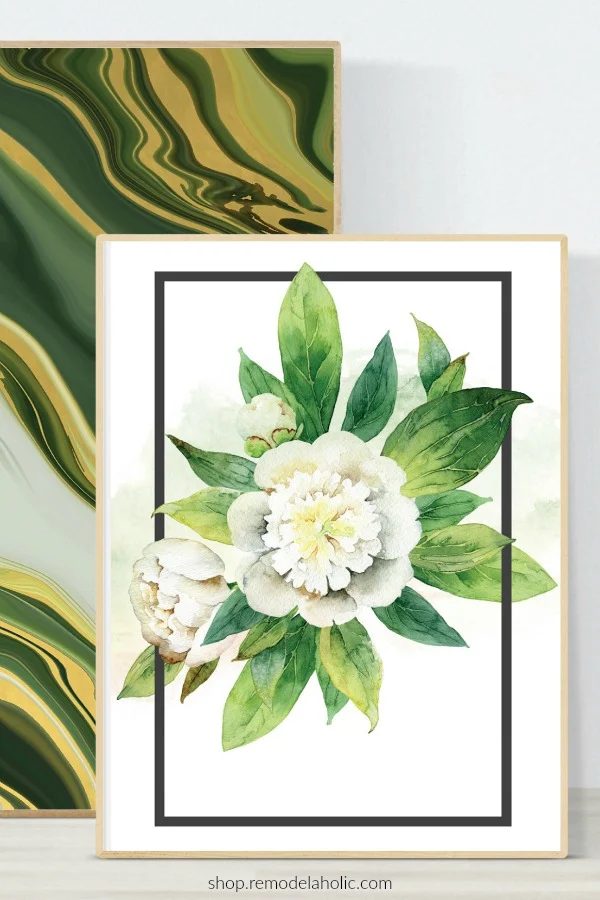Watercolor White Floral Wall Art Printable With Green Agate Wall Art Printable, Bekob