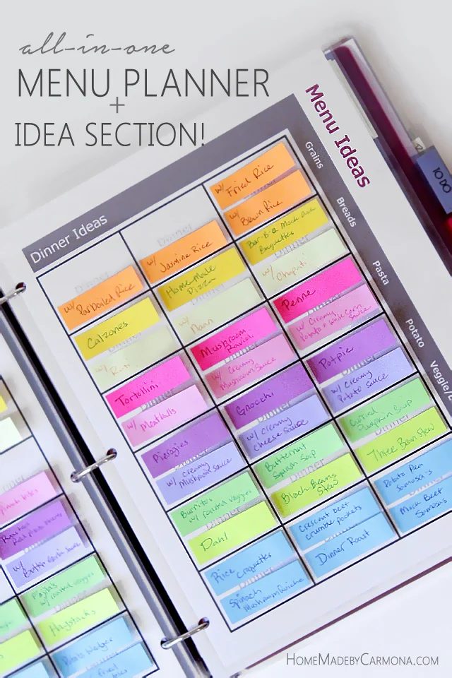 menu planning made straightforward with sticky notes and a binder, Home Made by Carmona