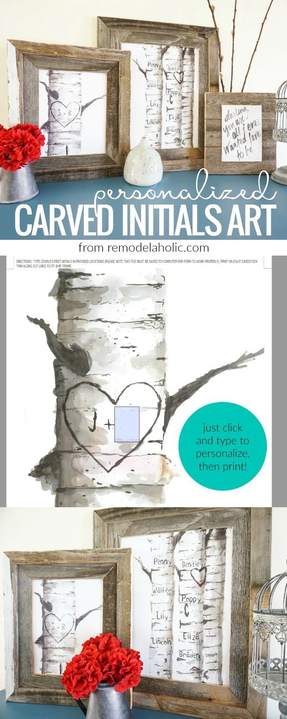 Decorate for winter and lovey-dovey Valentine's Day *without* the pink and purple with this striking set of free printable personalized birch tree art prints, with custom carved in