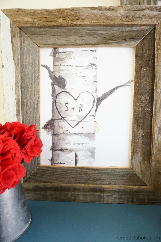 Printable Birch Tree Art With Couple's Custom Carved Initials | Great for a wedding or housewarming gift, baby shower or nursery decor, or year-round Valentine's Day decorating #Mr