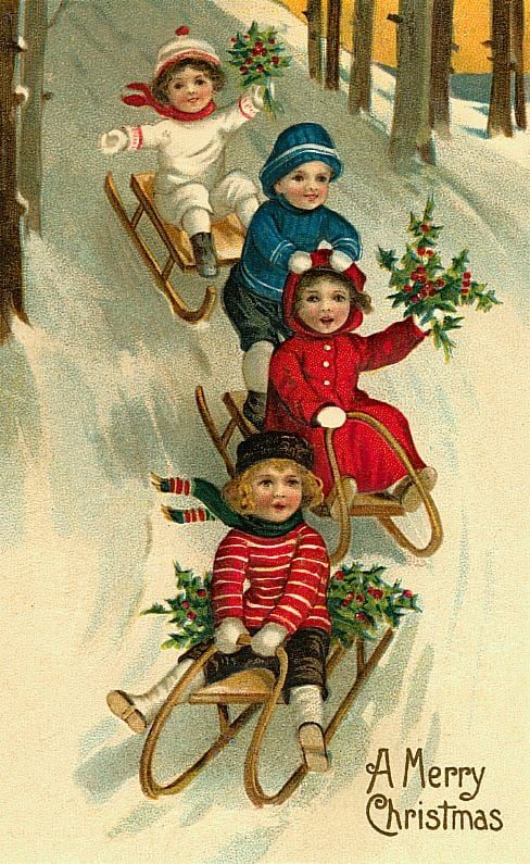 children sledding; printable vintage Christmas cards and images via House of Hawthornes on Bekob