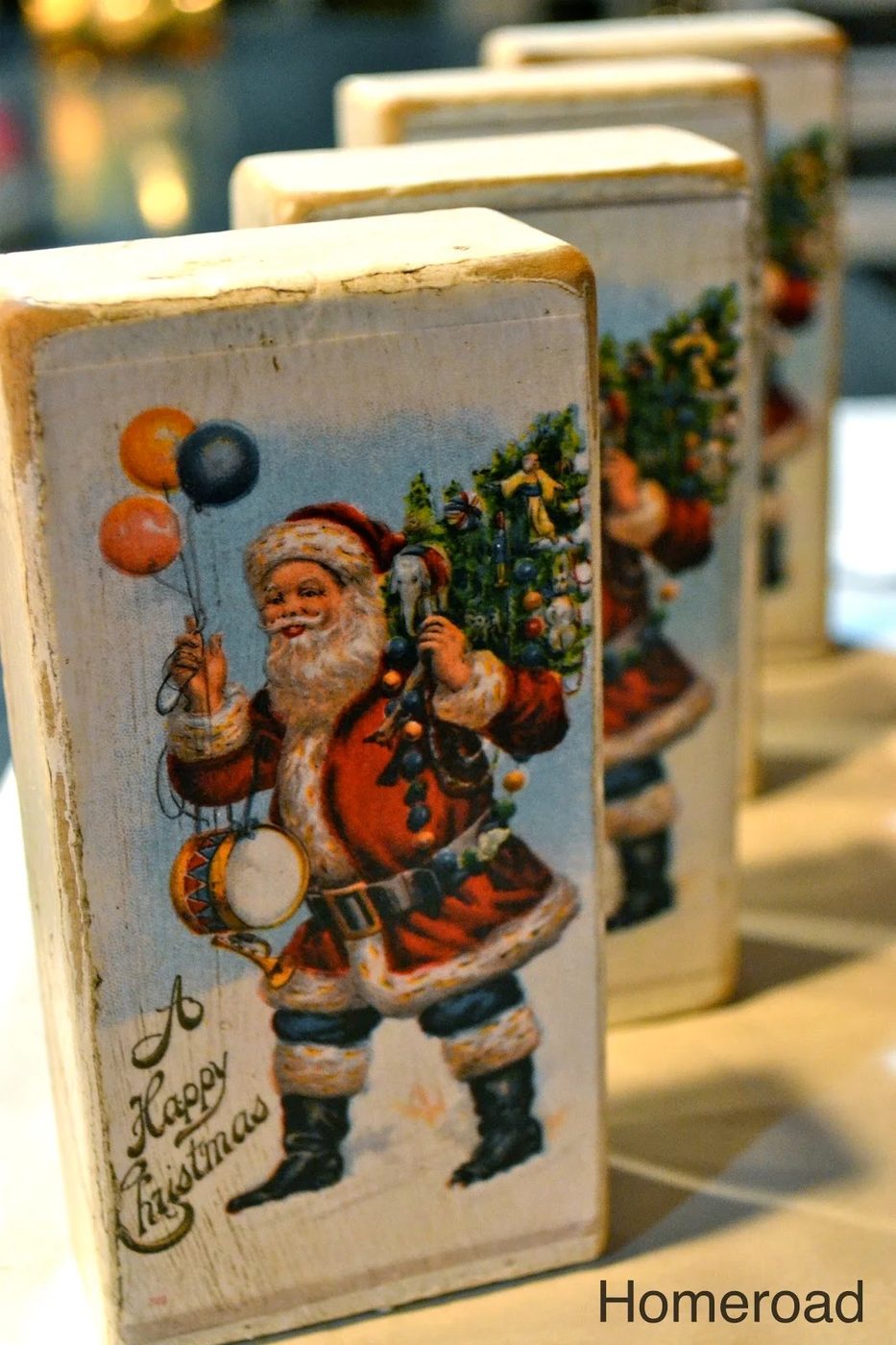 use vintage Christmas cards on wood blocks for straightforward holiday decor, homeroad on Bekob
