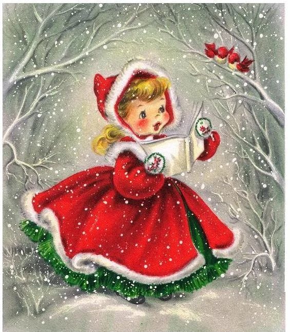 Classic vintage Christmas caroler, printable vintage Christmas cards and images. Maude and Mozart featured on Bekob