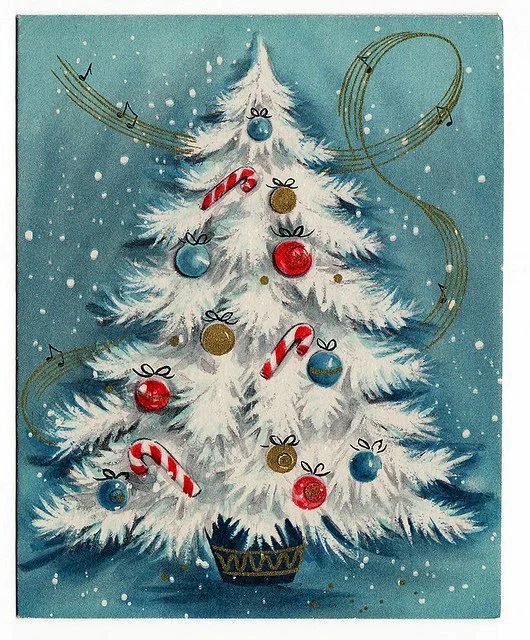 Classic vintage white Christmas tree! Free printable image on The Last Door Down the Hall featured on Bekob