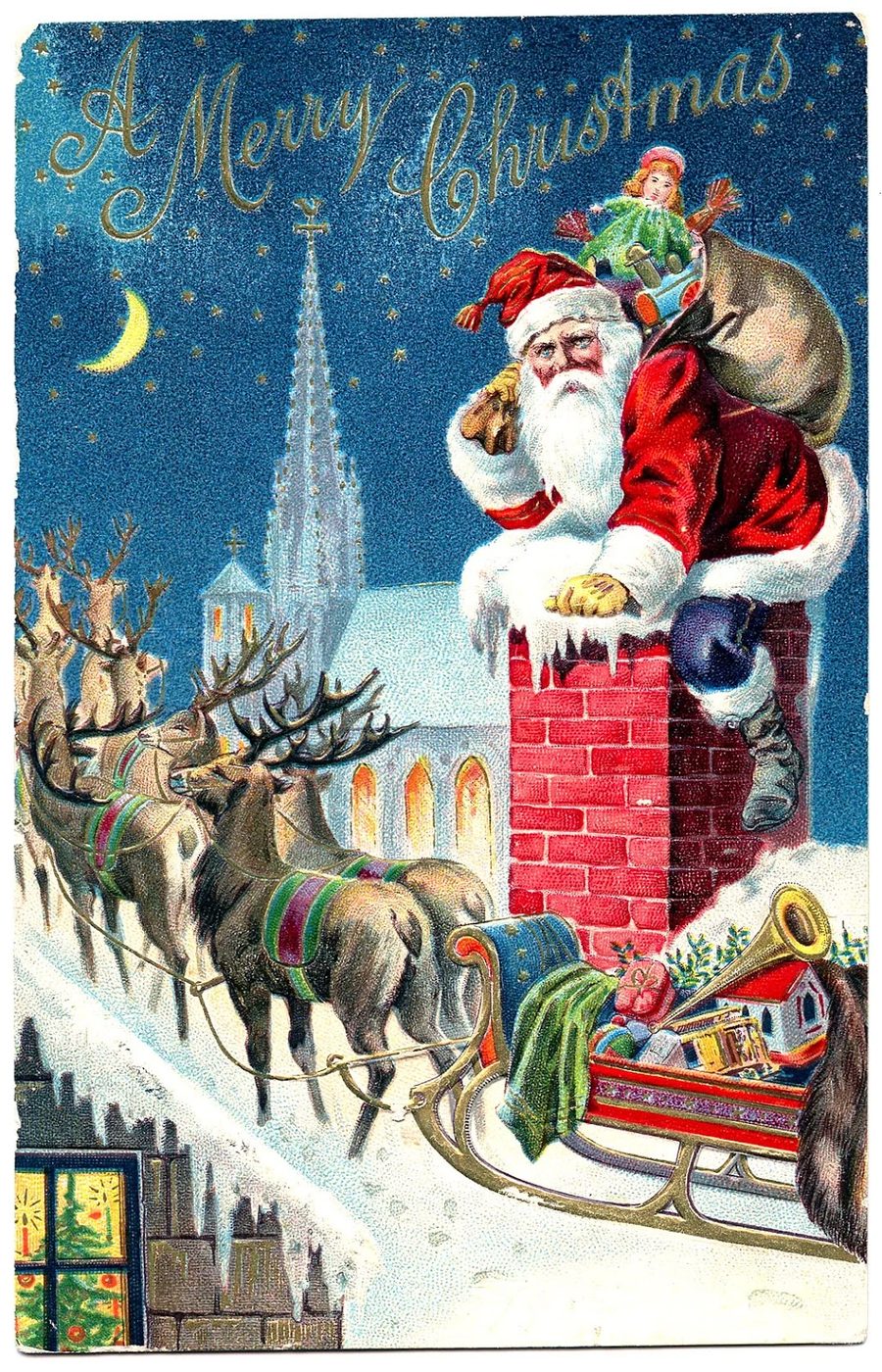 striking vintage Christmas card art, printable from The Graphics Fairy on Bekob