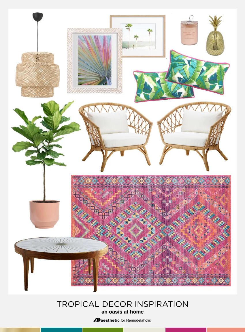 Give your home a punch of color and a breath of fresh texture with this tropical decor inspiration #Bekob #moodboard