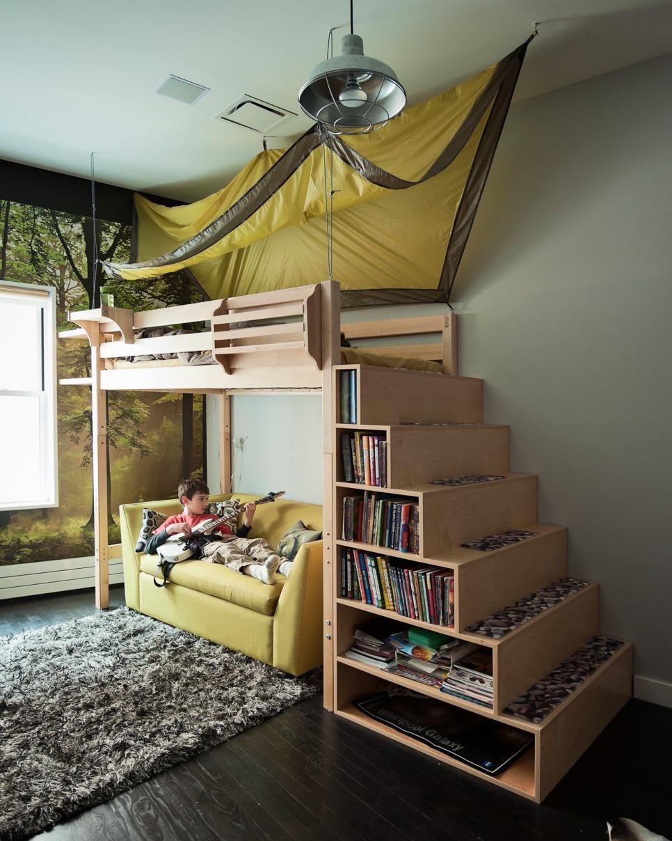 Bunkbed with staircase bookcase shelves, by Tamara H Design via HGTV