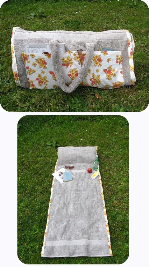 handmade roll-up summer sunbathing tote -- turn a towel into a tote with a pillow and pockets for sunglasses, a drink, and reading material! VeryDarkHorse