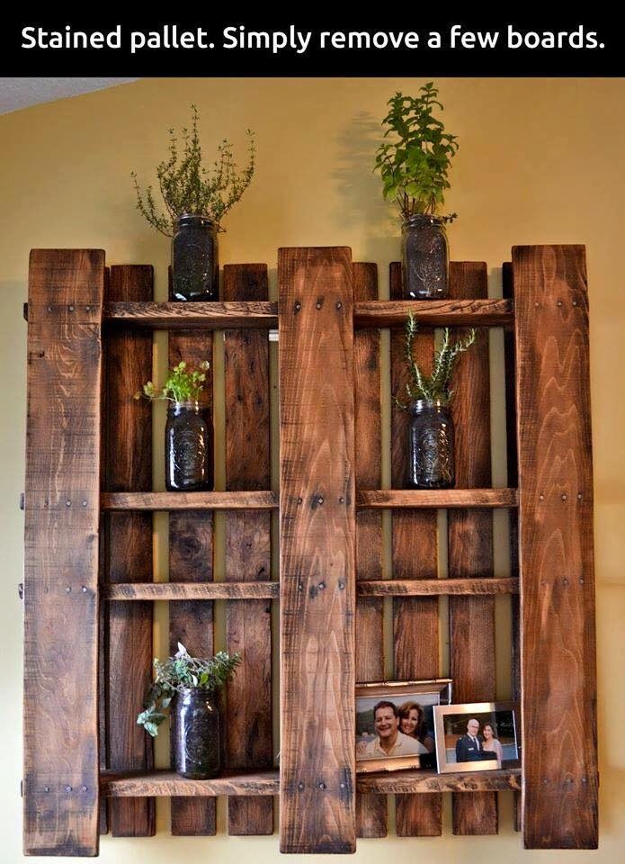 straightforward pallet upcycle, just remove a few boards to make a wall shelf display
