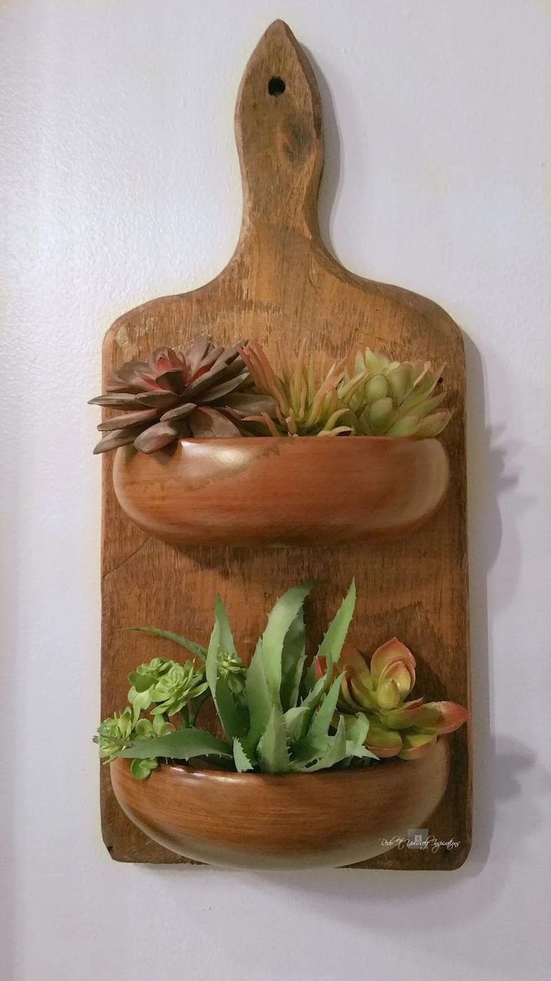 wall planter made from upcycled antique cutting board and wooden bowls, Redo It Yourself Inspirations