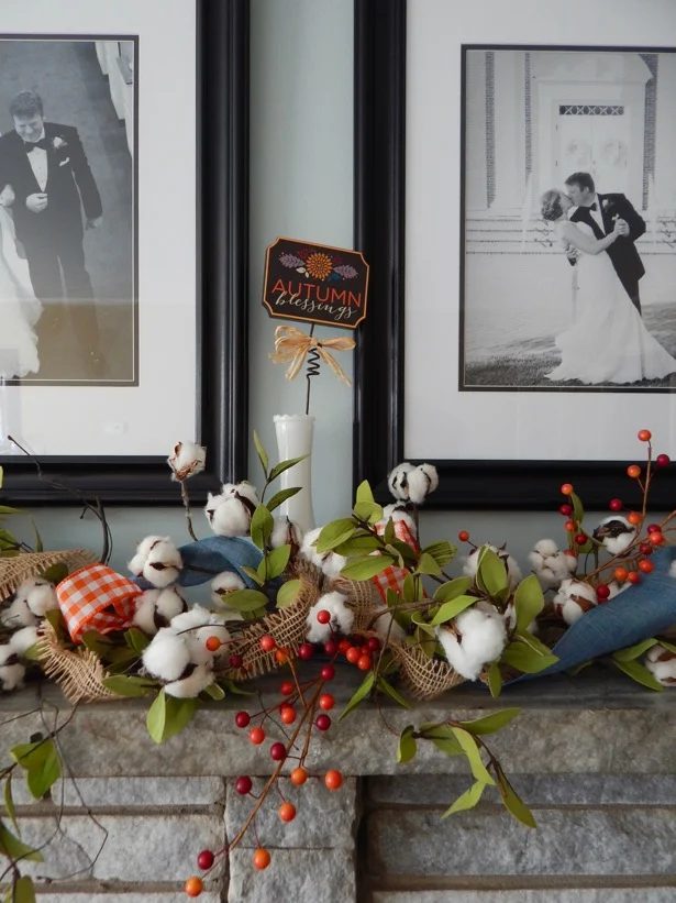 mantel fall to summer with cotton boll garland, Pender and Peony