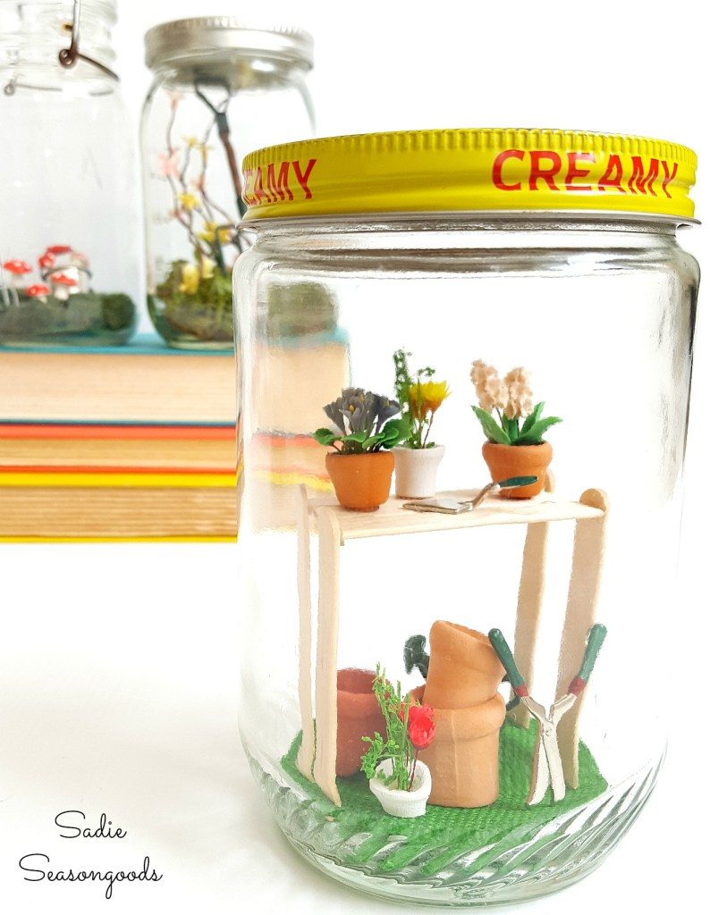9 Handmade Spring Jars Using Repurposed Vintage Mason Peanut Butter And Atlas Jars With Garden Gardening Miniatures Inside By Sadie Seasongoods